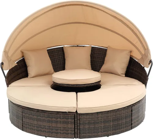 Miniatura 3 de Sofá cama redondo de ratán al aire libre con toldo retráctil y mesa de centro elevadora, muebles de patio, juego de sofá para piscina Garde