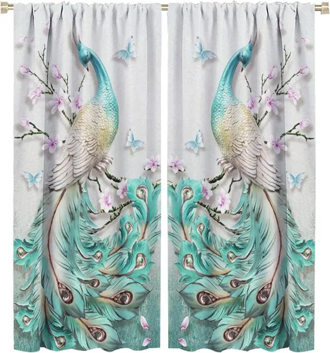 Miniatura 40 de Cortina opaca con estampado de pavo real, con estampado de animales retro, con bolsillo para cortinero y flores de peonía doradas, para dormitorio