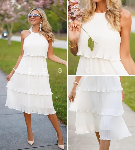 Miniatura 6 de ZESICA Vestido largo midi de gasa con capas escalonadas y cuello halter para mujer, 2024