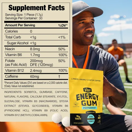 Miniatura 3 de Viter Energy goma de mascar con 60mg de cafeína (sabor a menta, 30 piezas) - sin azúcar, vitamina B3, B6, B9, B12, cero calorías, gomitas