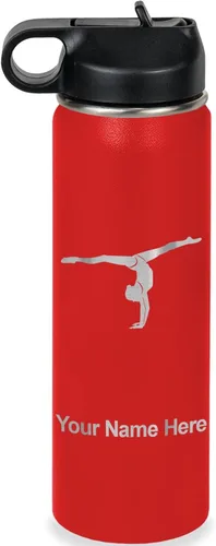 Miniatura 29 de LaserGram Botella de agua personalizada, gimnasta niña, acero inoxidable de doble pared aislada al vacío con popote superior, regalo grabado Azul