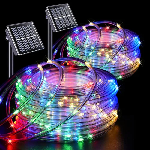 Miniatura 17 de QITONG Paquete de 2 luces solares verdes, cada cadena de 100 luces LED de 33 pies para exteriores, 8 modos de luces de hadas en tubo de PVC