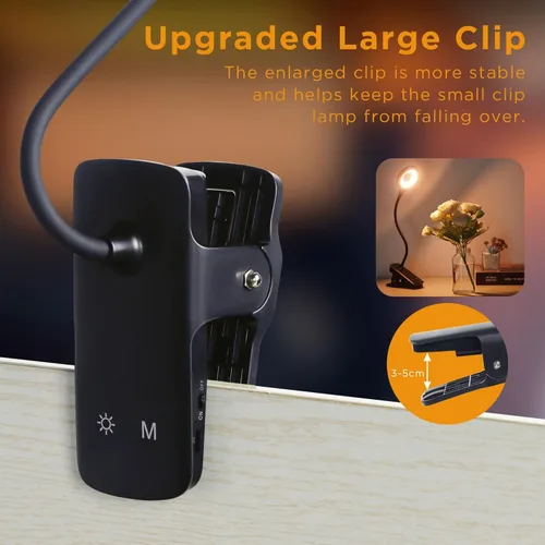 Miniatura 4 de Akynite Lámpara de escritorio LED con clip, 5 modos, 5 brillos regulables, luz de abrazadera regulable, batería recargable, lámpara de lectura Negro