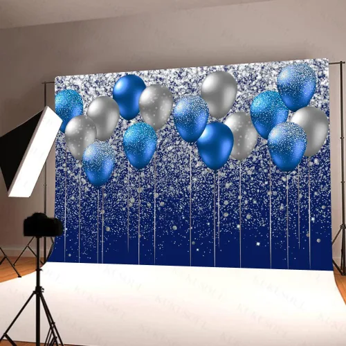 Miniatura 4 de Fondo de globo azul y plateado de 7 x 5 pies, fondo plateado con purpurina, boda, graduación, fiesta de cumpleaños, pancarta, decoración de mesa