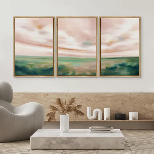 Miniatura 4 de SIGNWIN Conjunto de arte de pared de lienzo enmarcado, acuarela pastel, cielo de nubes rosas, colina verde del campo, naturaleza, vida silvestre