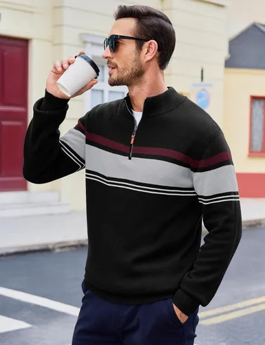 Miniatura 39 de MAGCOMSEN Suéteres de algodón con cremallera de 1/4 para hombre, suéter tipo polo, a rayas, para otoño e invierno, sudaderas cálidas