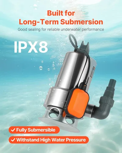 Miniatura 5 de VEVOR Bomba de sumidero sumergible de 0.68 HP, 4000 GPH, bomba de agua limpia sucia sumergible de acero inoxidable con interruptor de flotador