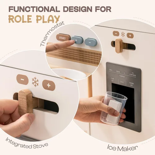Miniatura 3 de ROBOTIME Juego de cocina para niños pequeños, juego de cocina de madera para niños con luces reales y sonidos/dispensador de cubitos de hielo, Blanco