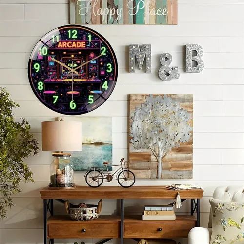 Miniatura 6 de 12-Inch Silent Tempered Glass Wall Clock, Retro Mini Arcade Clock Neon Art(1) ” Silent Non-Ticking Clock, Battery Operated