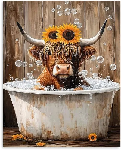 Yidepot Arte de Pared en Lienzo de Vaca Highland: Obra de Arte de Granja de Girasoles, Imágenes de Vacas, Decoración de Baño Lista para Colgar 12x15