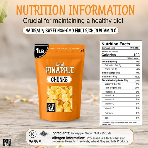Miniatura 2 de Oh! Nuts Trozos de piña seca - Piña seca - Fruta seca de piña - 1 libra - Fruta deshidratada con menos azúcar añadido
