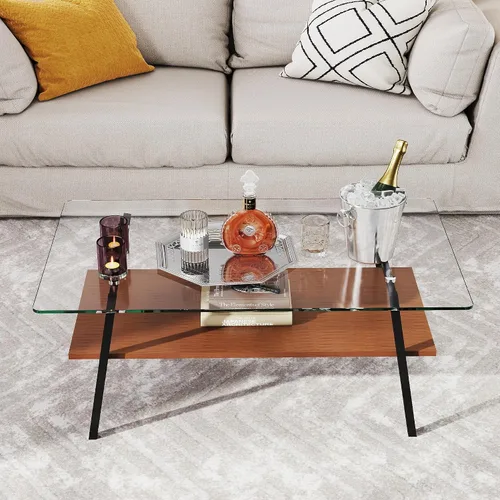 Miniatura 3 de Mesa auxiliar de cristal para sala de estar, mesa de centro de 2 niveles de mediados de siglo, mesa central con parte superior de vidrio templado