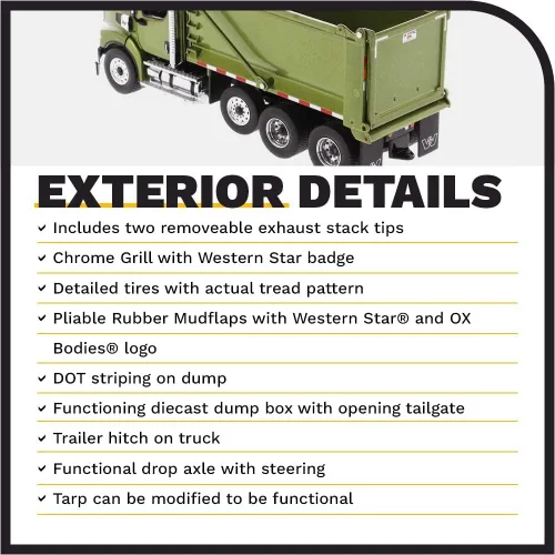 Miniatura 5 de 1:50 Western Star Tándem con eje empujador y carrocerías buey vertedero de estampida – Capó de apertura, motor diesel Detroit, puertas de apertura