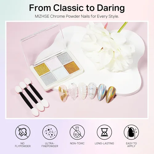 Miniatura 5 de MIZHSE Polvo de uñas cromado, 6 colores, polvo holográfico de uñas iridiscente con purpurina de sirena iridiscente para uñas, pigmento de uñas
