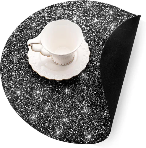 Miniatura 4 de Mantel individual negro de pedrería con diamantes triturados brillantes redondos lavables con purpurina para otoño, Halloween, boda, Navidad