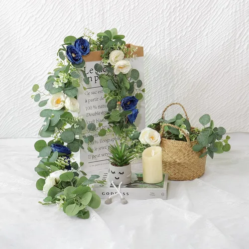 Miniatura 62 de TOCHGREEN Paquete de 2 Guirnaldas de Flores de Eucalipto Artificial de 12 Pies con Rosas Champán, Guirnalda de Flores de Rosa Falsa Verdor