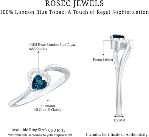 Miniatura 6 de Anillo de derivación de corazón con topacio azul natural de Londres, calidad AAA, joyería de promesa para ella