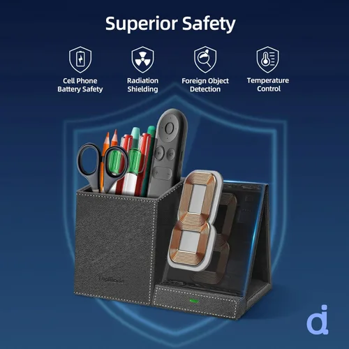 Miniatura 4 de TopMade Cargador inalámbrico con soporte para lápiz para bolígrafo, organizador de mesita de noche de escritorio multifuncional de cuero, estación