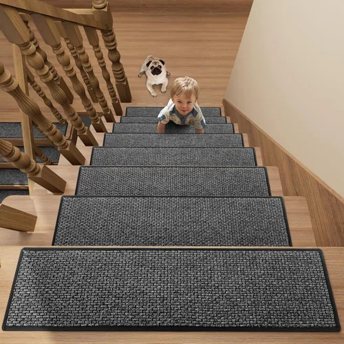 Miniatura 12 de Alfombras para escalones de madera, alfombra antideslizante para peldaños con respaldo de goma, alfombras antideslizantes de poliéster suaves
