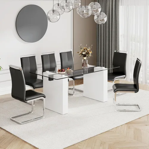 Miniatura 6 de Juego de mesa de comedor de vidrio de 71 pulgadas para 6, mesa de comedor para 6, mesa de vidrio templado con marco de MDF blanco y 6 sillas
