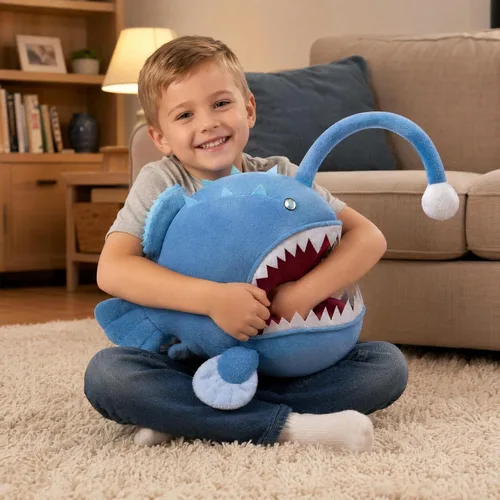 Miniatura 8 de Juguete de peluche de pez pescador – Lindo pez pescador azul de 12 pulgadas, juguetes de peluche real de la vida marina, pez linterna, juguetes