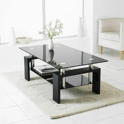 Miniatura 2 de Mesa de centro rectangular de vidrio, mesa de centro lateral de patas de madera de ingeniería moderna con estante inferior, mesa de centro de vidrio