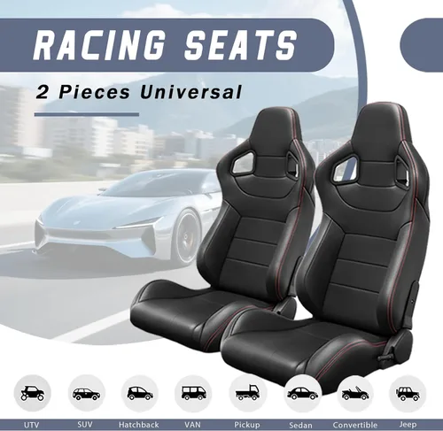 Miniatura 2 de 2 piezas de asientos universales de carreras con deslizadores de doble bloqueo, 1 par de asientos de cubo de cuero PVC con dos almohadas de Negro