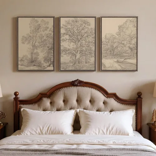 Juego de 3 bocetos enmarcados de árbol vintage para dormitorio, paisaje neutro, arte de lienzo marrón antiguo para paredes, decoración de pared