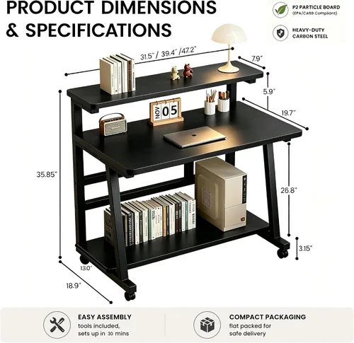 Miniatura 3 de Escritorio compacto de 31.5 pulgadas para computadora con mesa de trabajo de niveles y ruedas con bloqueo, escritorio pequeño para dormitorio