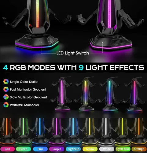 Miniatura 3 de Soporte para auriculares RGB con 9 modos de luz y 2 puertos de carga USB, soporte para controlador para escritorio, soporte para auriculares