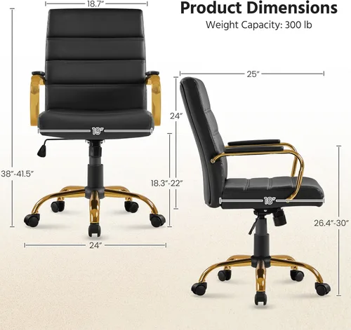 Miniatura 3 de Yaheetech Silla de Oficina de Respaldo Medio de Cuero PU Silla de Escritorio Ejecutiva Ajustable con Soporte Lumbar Patas Doradas Asiento Negro