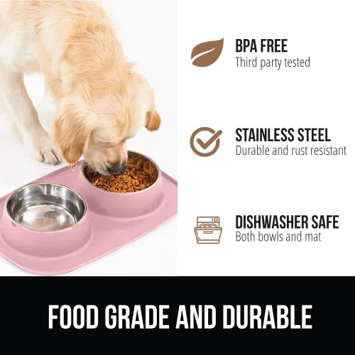 Miniatura 5 de GORILLA GRIP Juego de Estera de Alimentación, Patente Pendiente 100% Impermeable de Silicona Libre de BPA, Cuencos de Acero Inoxidable para Gatos