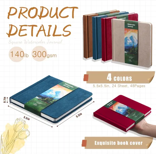 Miniatura 2 de Mooliwe Diario de viaje de acuarela, cuaderno de bocetos de acuarela de 5 x 5 pulgadas, 13.56 oz/m², de algodón de prensa en frío, para pintor