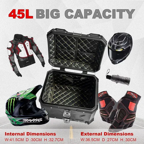 Miniatura 3 de Maletero Universal para Motocicleta, Caja Superior de 45L, Baúl Trasero para Motocicleta, Estuche de Almacenamiento con Respaldo, Cerradura de Negro
