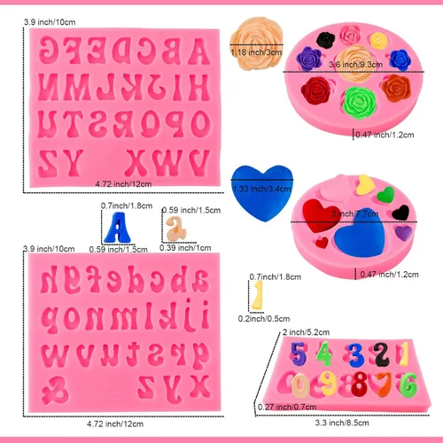 Miniatura 2 de Moldes de letras del alfabeto, 5 piezas de letras y números, forma de corazón, flores, molde de silicona para fondant de chocolate, arcilla