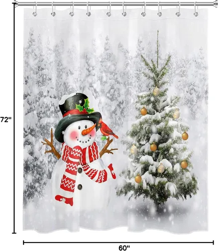 Miniatura 5 de Christmas Snowman Shower Curtain for Bathroom Cardinals and Xmas Tree with Xmas Ball on Snowfield Bathroom Shower Curtains with Hooks, Winter Forest
