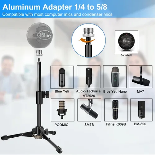 Miniatura 6 de Soporte de micrófono, trípode de micrófono de mesa, soporte de micrófono de escritorio con altura ajustable, soporte de micrófono pequeño