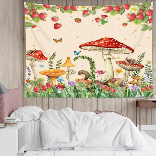 Miniatura 2 de HVEST Tapiz retro rojo de hongos para colgar en la pared, diseño floral rosa con fresa y mariposa en beige, tapiz para dormitorio, flores, plantas