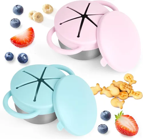 Miniatura 14 de Pack de 2 tazas para aperitivos a prueba de derrames para niños pequeños - Tazas para aperitivos de acero inoxidable desmontables para niños