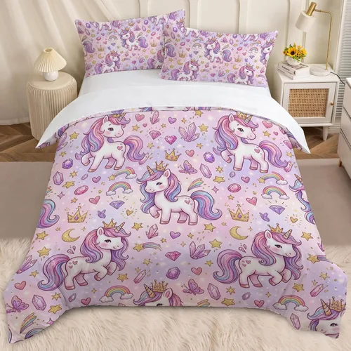 Miniatura 9 de BEDMUST Funda de edredón de unicornio tamaño individual, suave y lindo juego de ropa de cama de unicornio rosa con hojas de flores y pájaros azules