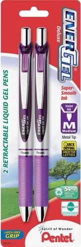 Pentel EnerGel Deluxe RTX - Bolígrafo de gel líquido retráctil, 1/32 de pulgada, punta de metal, tinta color violeta, paquete de 2 unidades