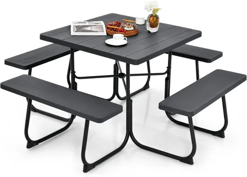 Tangkula Mesa de picnic para 8 personas, mesa de picnic cuadrada al aire libre con 4 bancos integrados, agujero para paraguas, marco de metal y mesa