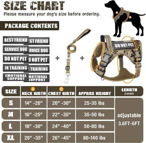Miniatura 5 de Juego de arnés táctico para perros y correa para perros grandes, chaleco de perro de servicio resistente sin tirones y 10 parches con cinturón