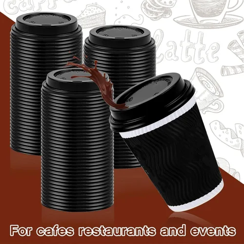 Miniatura 5 de Eaasty Paquete de 500 tapas desechables para tazas de café de 3.543 in, tapas planas negras calientes para tazas de papel de 10, 12, 16, 20 onzas, a