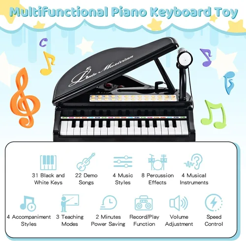 Miniatura 2 de Costzon Piano para niños, mini teclado de juguete de piano de cola de 31 teclas con micrófono, taburete y luces, piano electrónico portátil, juguete