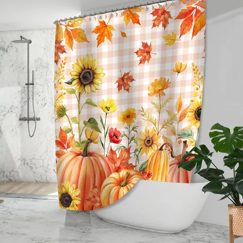 Miniatura 6 de Cortina de ducha de hojas de otoño, cortinas de calabazas de otoño para baño, cortina de baño de arce con búfalo naranja, cortina de baño