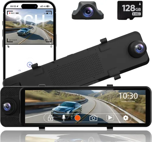 Miniatura 11 de Cámara de espejo retrovisor 4K, cámara de tablero de espejo de 10 pulgadas delantera y trasera con tarjeta de 64 GB, cámara de tablero de pantalla