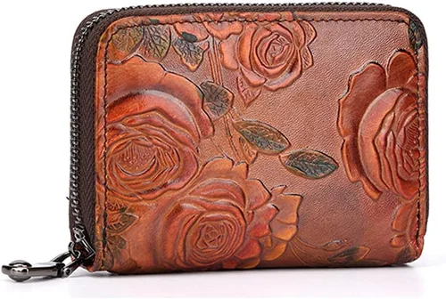 Cartera de cuero con bloqueo RFID para mujer, de gran capacidad, con correa de mano desmontable, Sbrown, Vintage