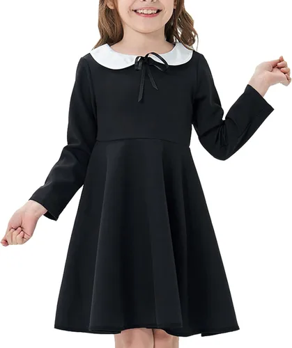 Vestido de fiesta de patinadora de manga corta y larga para niña, estilo casual, vintage, cuello Peter Pan, ajustado y acampanado, de 2 a 12 años