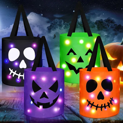 Yaomiao 4 cubos de Halloween para niños con luz LED para dulces de calabaza, cestas de regalo reutilizables para suministros de fiesta (colorido)